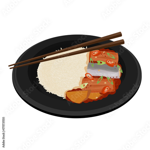 Vector Illustration Logo Clipart Ready to eat Galchi Jorim with Rice
