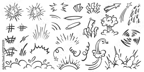 Comic effects. Cartoon speed lines elements. Hand-drawn vector motion graphic. Anime and manga sketch marks. Action explosive bubbles splashes and cute shapes.