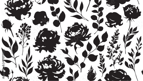 Black and white floral vector: seamless pattern with flowers and leaves eps silhouette