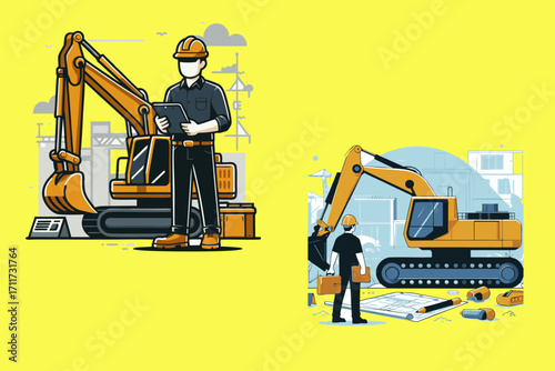 This is a vector illustration of a contractor and excavator, suitable for use in illustration designs for project companies, contractors, foremen, engineers, architects, posters, banners, flyers,