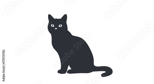 Charming black cat sitting upright with bright eyes and a curious gaze