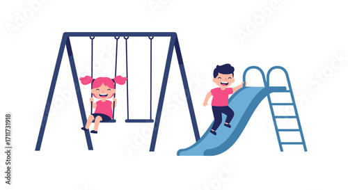 Joyful children playing on swings and slide in outdoor playground fun
