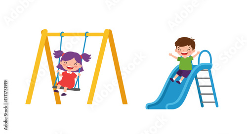 Joyful kids playing on playground swing set and blue slide outdoor fun