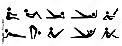 
An illustration depicting a set of yoga and Pilates poses icons on a white background
