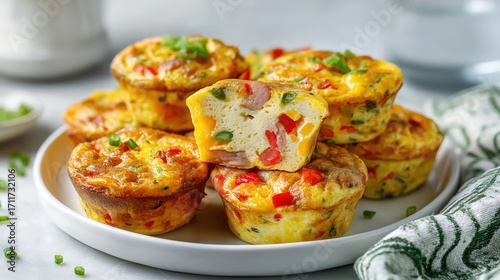 Delicious egg muffins filled with colorful vegetables and cheese, served on a plate, perfect for a healthy breakfast or snack.