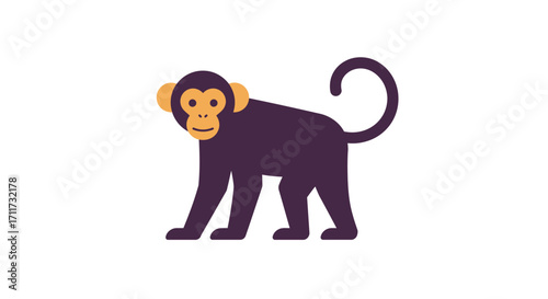 Cute cartoon monkey with curly tail standing and looking forward