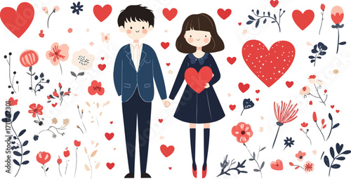 Romantic couple holding hands surrounded by hearts and flowers celebrating love and togetherness