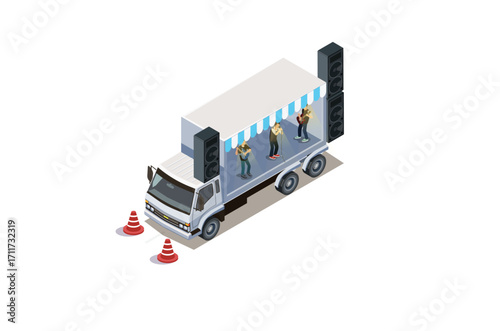 Modern Isometric illustration of a music stage on a truck, white background suitable for picture book assets, games and related assets