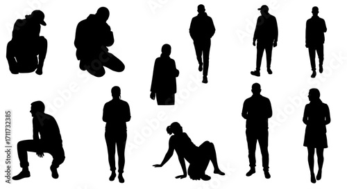 Collection of diverse black silhouettes of people in various poses and actions
