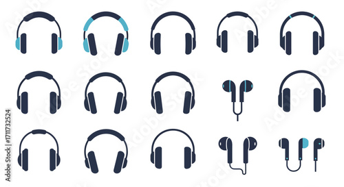 Collection of various modern headphone styles for music listening and audio production