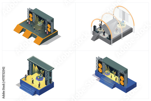 illustration set of isometric music stages, white background suitable for picture book assets, games and related assets