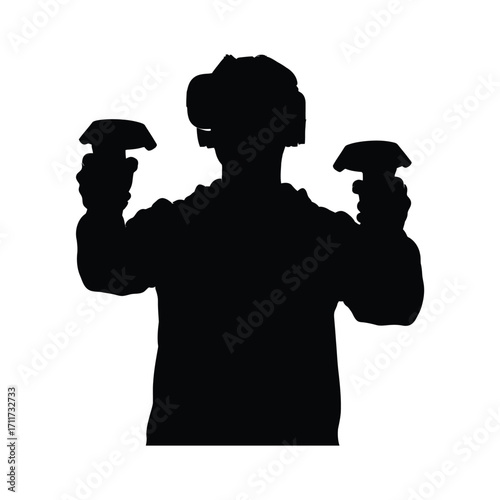 Silhouette of a person experiencing virtual reality with headset and controllers in a digital world simulation for gaming and immersive experiences on white background