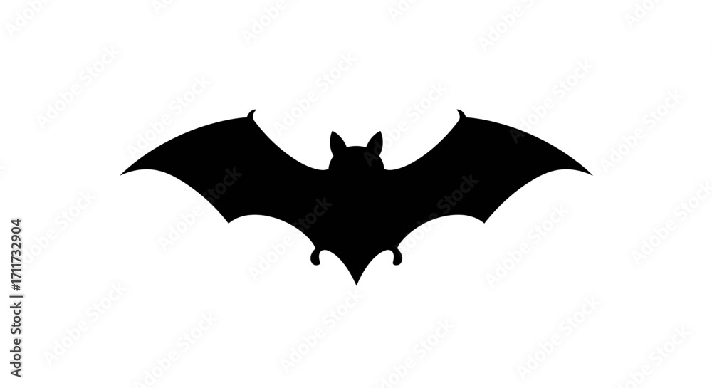 Fototapeta premium Silhouette of a spooky black bat with wide wings spread in flight halloween icon