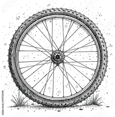 Vector illustration of vector art of a detailed sketch of a bicycle wheel with a knobby tire and spokes, resting on the ground with grass