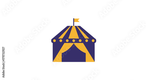Vibrant circus tent design with yellow and blue stripes and curtains