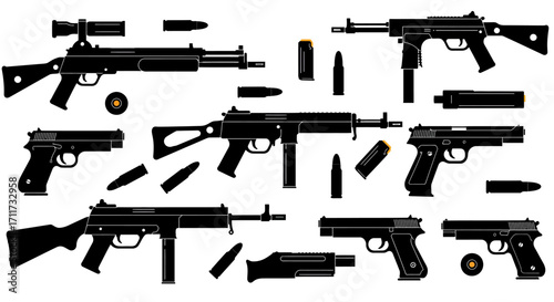 Collection of silhouetted firearms and ammunition displayed against white