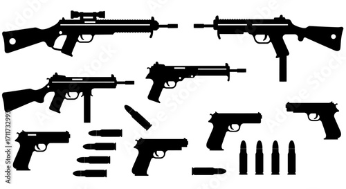 Collection of diverse firearms and ammunition silhouettes for graphic design and projects