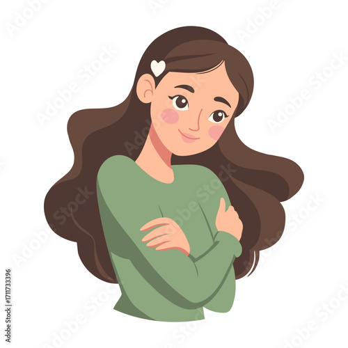 Self love concept. Cute girl with long hair hugging herself.  Illustration.