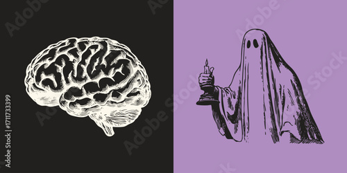 Vintage Halloween illustration of a human brain and spooky ghost with candle holder. Vector hand drawn etching style on dark background.