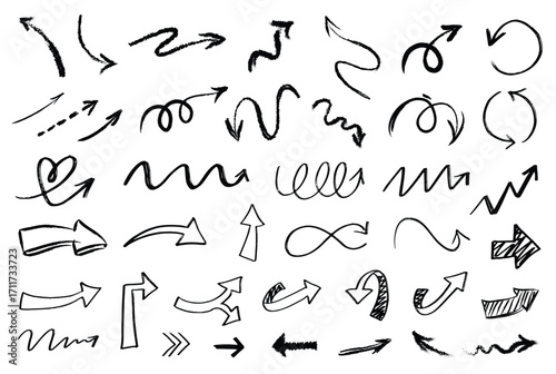 Hand drawn arrows set - curved and straight lines, zigzags, spirals and wavy lines... Doodles with markers, pencils, chalk. Black sketch arrow vector pack isolated on white background.
