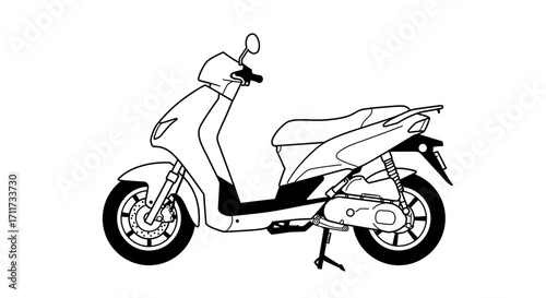 A minimalist line art design of a modern scooter, showcasing its sleek silhouette and functional components