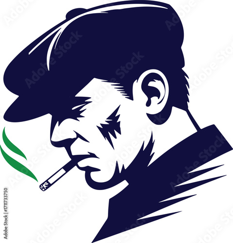 Peaky Blinders Style Illustration of a Man Smoking with a Flat Cap and Sharp Facial Features Depicted in Bold Colors