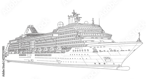 Cruise ship design illustration A detailed outline of a passenger cruise liner for architectural plans and nautical art
