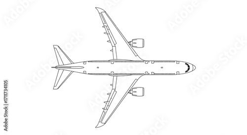 A detailed schematic aircraft design showing a top plan view of a generic passenger jet, a technical drawing illustration concept
