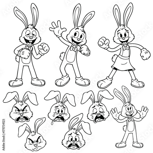 Cartoon Rabbit Character Emotions Set, Line Art Vector Illustration
