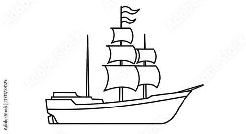 A timeless outline design of a classic sailing ship, ideal for maritime projects and historical illustrations, representing voyages, adventure, and the golden age of naval exploration