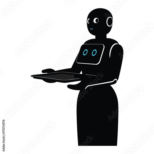 Sleek black service robot holding a tray against a showcasing modern technology and automation in a minimalist design aesthetic on white background