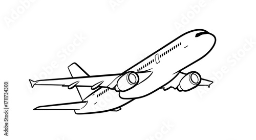 Simple black and white design of an airplane in flight, a commercial aviation concept