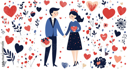 Charming couple holding hands surrounded by romantic hearts and floral elements for valentines day celebration