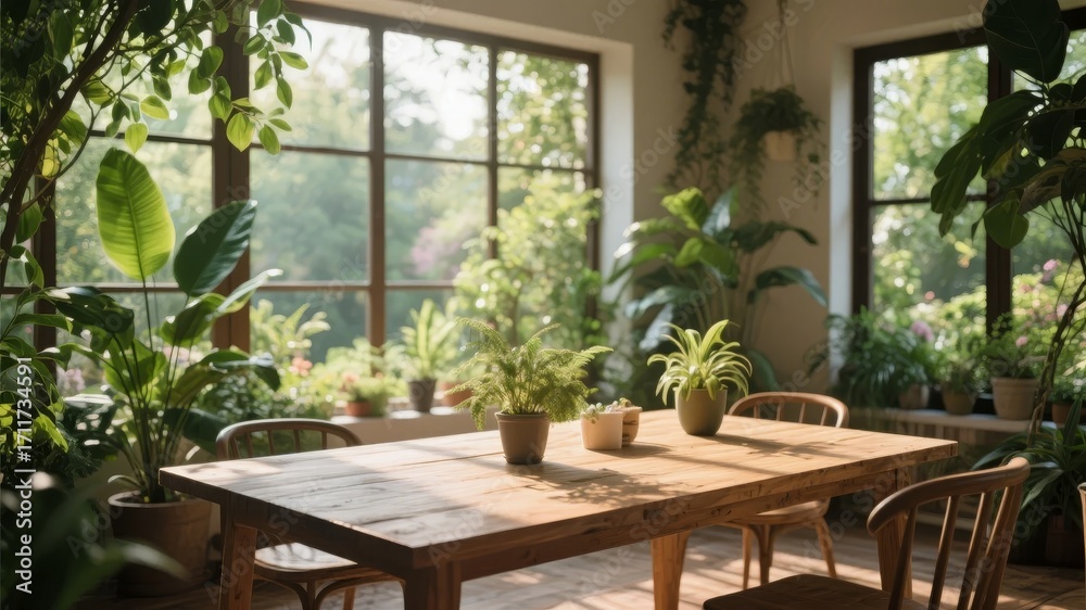Obraz premium Sunlit indoor dining area with wooden table, potted plants, and large windows overlooking greenery