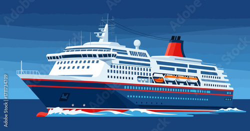 Clean vector graphic design featuring a modern cruise ship sailing the open blue ocean, an illustrative representation of sea travel, luxury vacations, and global maritime adventures