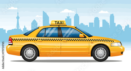 Modern Urban Yellow Taxi Cab Vector Design against Cityscape Background, Ideal for Transportation Service Promotions and Digital Mobility Concepts