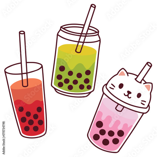 Two bubble tea drinks with tapioca pearls and one kawaii cat cup. Sweet refreshing beverages in playful and colorful illustration.