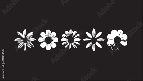 Vector flower set: white floral designs on black background for graphic design eps silhouette