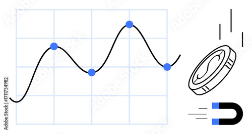 Line graph with plotted data points alongside coin and magnet, symbolizing data trends, financial insights, and customer attraction. Ideal for analytics, marketing, finance, growth, business