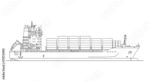 Technical line art design of a large container ship, a side profile illustration for maritime transport and logistics