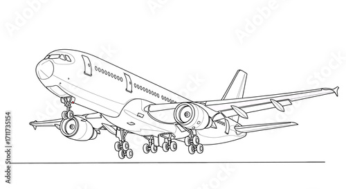 A detailed line art illustration showing the technical design of a modern passenger jet aircraft landing on a runway