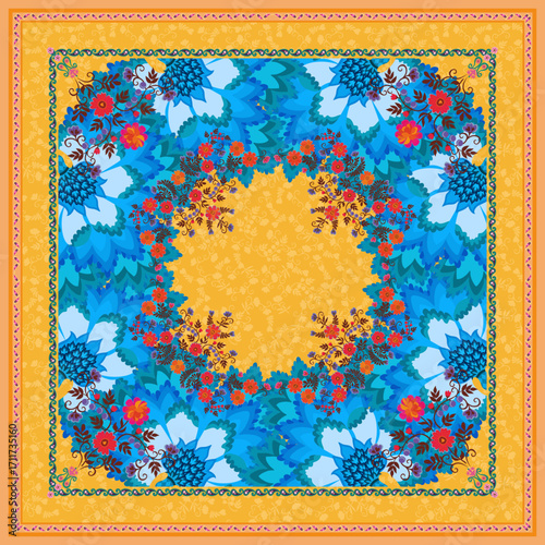 Beautiful vintage floral pattern in a decorative frame with paisley on a complex yellow-orange background. Square print for a scarf, carpet, tablecloth, pillow.