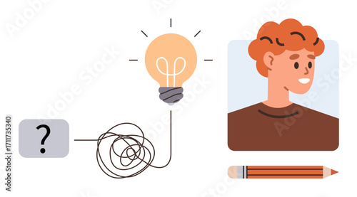 Tangled line leading to lightbulb, smiling person, pencil, and question mark suggest brainstorming, innovation, problem-solving, creativity, education self-development inspiration. Ideal for simple