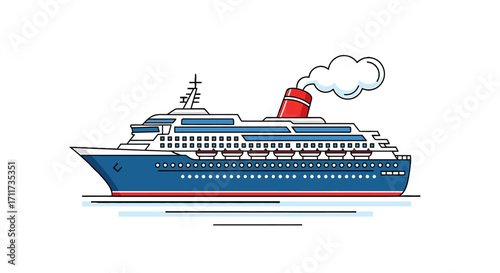 Cruise ship design A vector illustration of a blue and red ocean liner for travel and tourism concepts