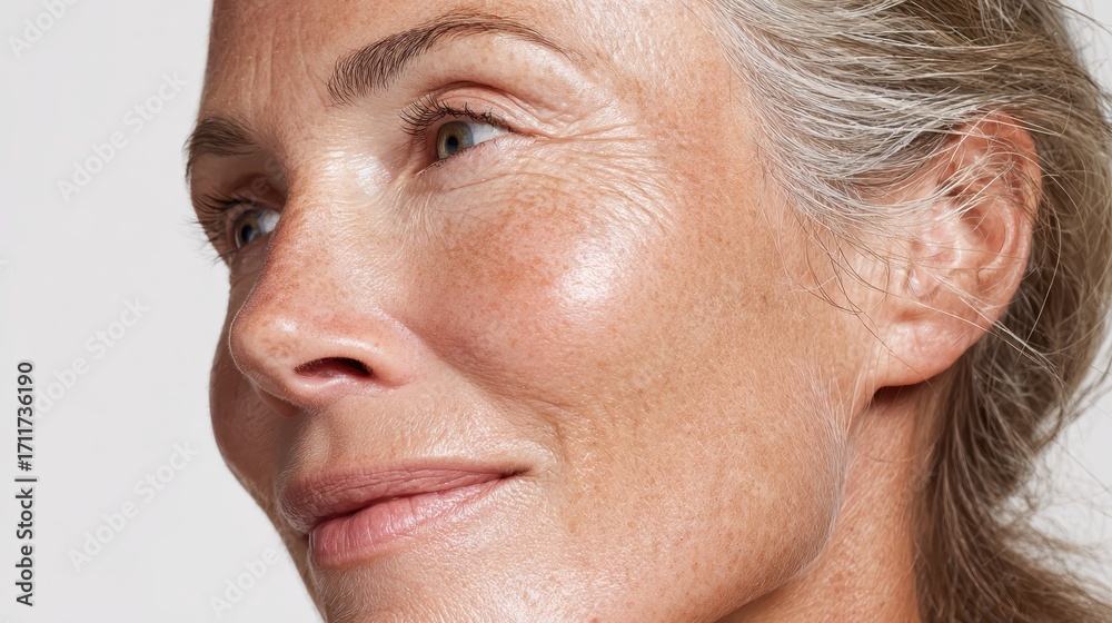 Obraz premium Senior woman smiling confidently, gray hair framing weathered face, expressing self acceptance and inner radiance, embodying wisdom gained through life experiences