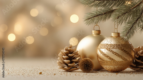Festive gold Christmas ornaments and pine cones with blurred lights create warm holiday atmosphere