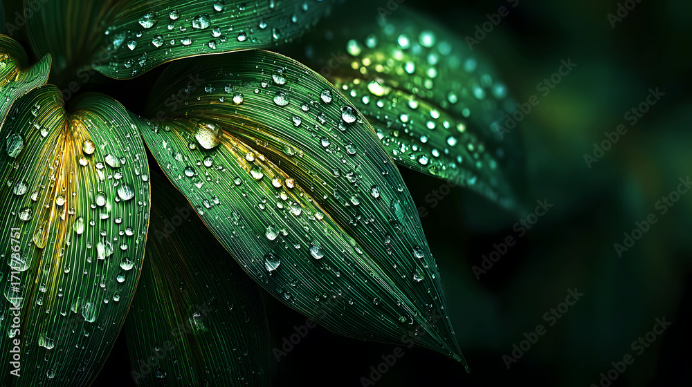 Fototapeta premium Close - up of Leaves After Rain: Natural Ecological Beauty Embellished by Dewdrops