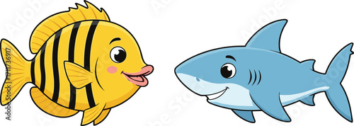 Cute cartoon fish and smiling shark illustration, underwater sea animals drawing, funny ocean characters, marine wildlife artwork for kids, adorable design