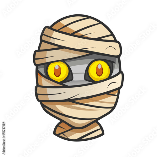 Halloween mummy head with glowing eyes colorful cartoon icon