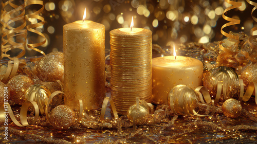 Golden candles and ornaments create festive, warm atmosphere with shimmering ribbons and bokeh lights in background